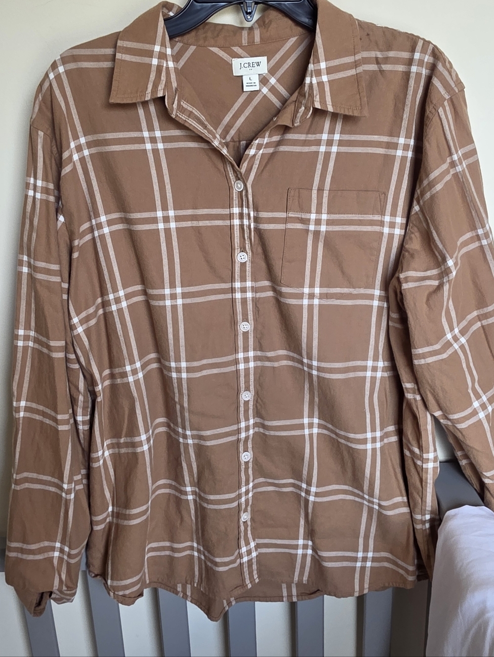 J. Crew Camel Plaid Button-Down Shirt with White Window Design Womens Size Large